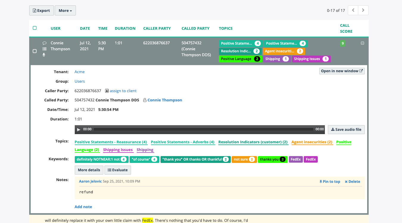 MiaRec Speech Analytics—Topic Detail With Brief Call Detail