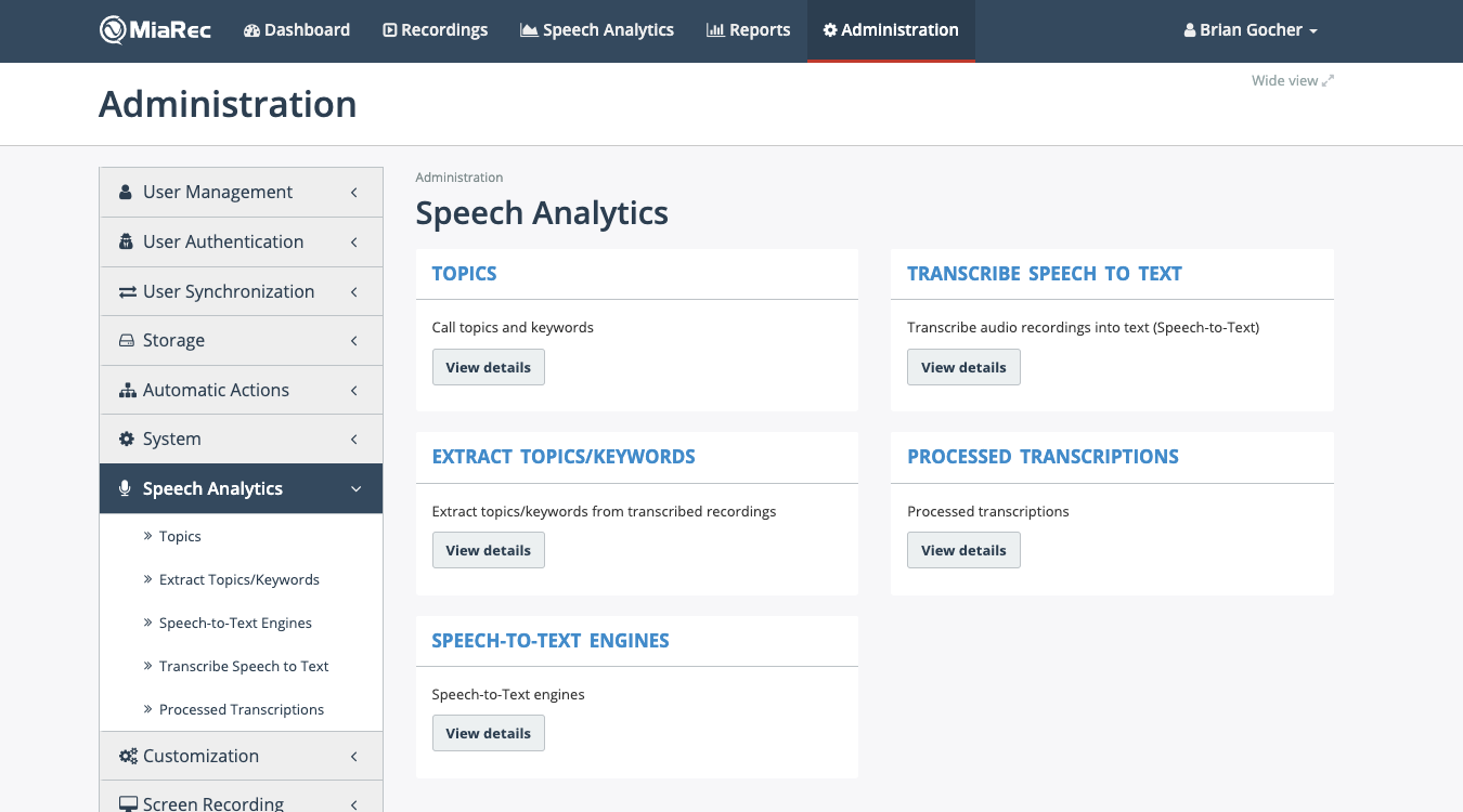MiaRec Admin—Speech Analytics Control
