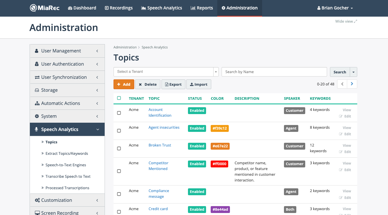 MiaRec Admin—Topics Overview