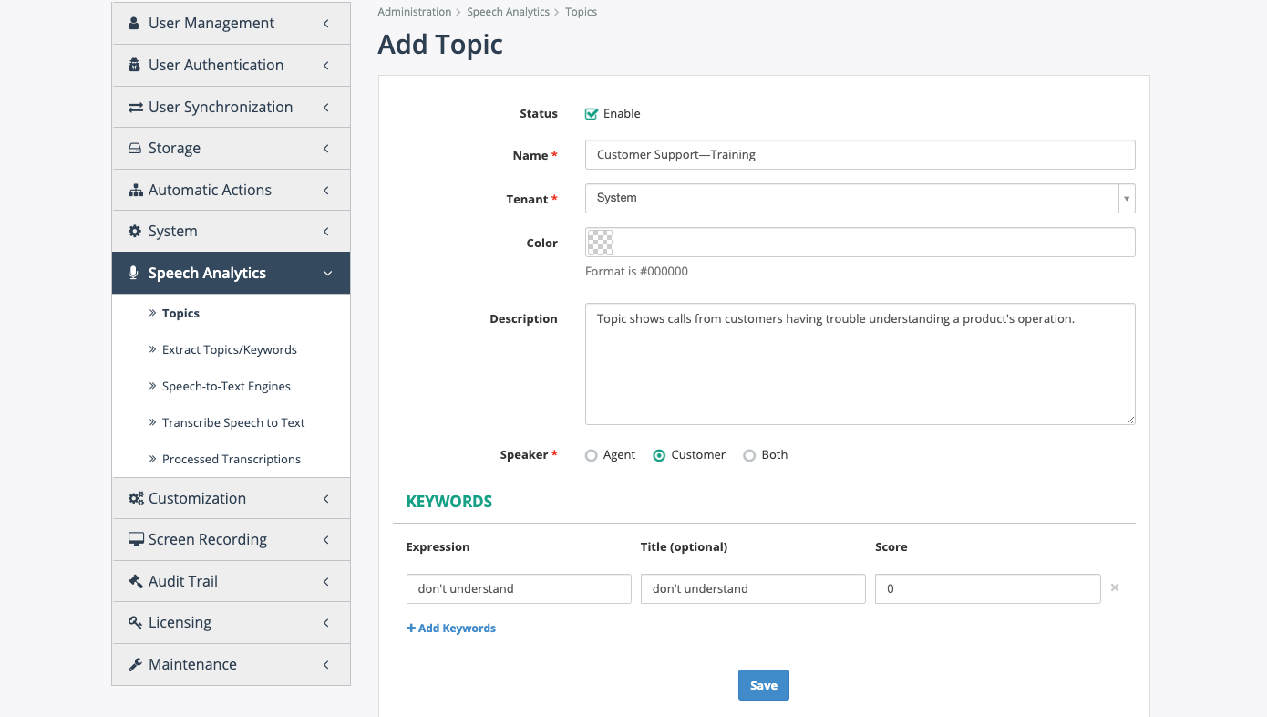 MiaRec Admin—Add New Topic