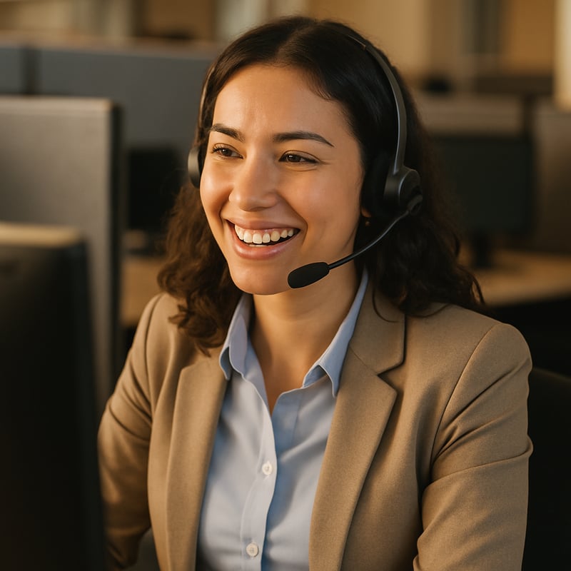 Create an image of a female call center agent who is in a call with a customer looking happy as she is helping to resolve a customer experience issue She is sitting in a corporate call center and warm light hits her face