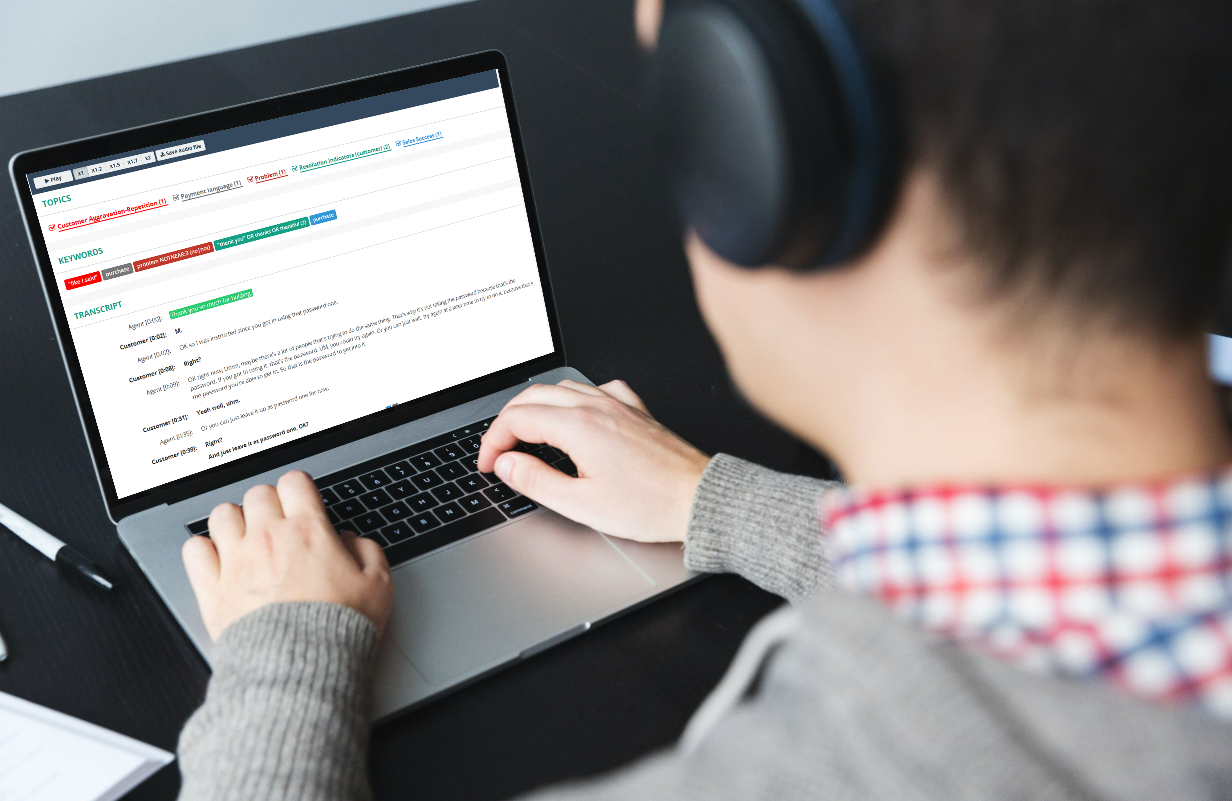 MU_Voice Analytics MacBook Pro with headphones_Voice Analytics Tab with Transcript3