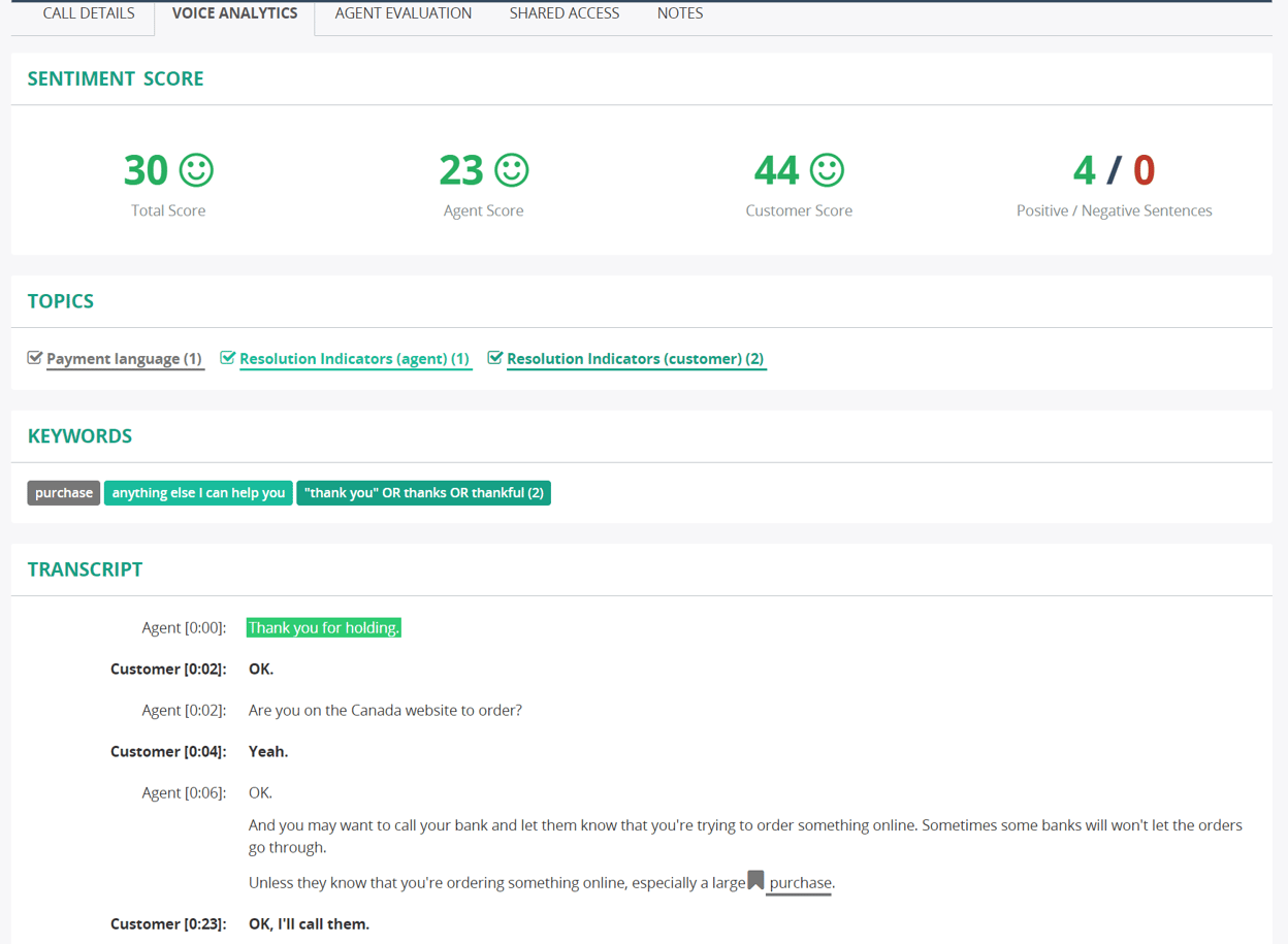 Voice Analytics Tab with Transcript